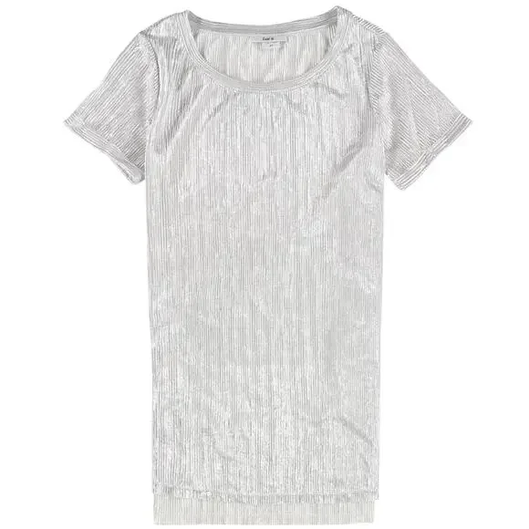Bar III Metallic Ribbed Textured Top Silver Women’s Medium Scoop Neck Shimmer - Picture 2 of 16